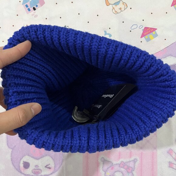 Acne Studios Square Face Knitted Beanie Hat Blue - Picture 5 of 5